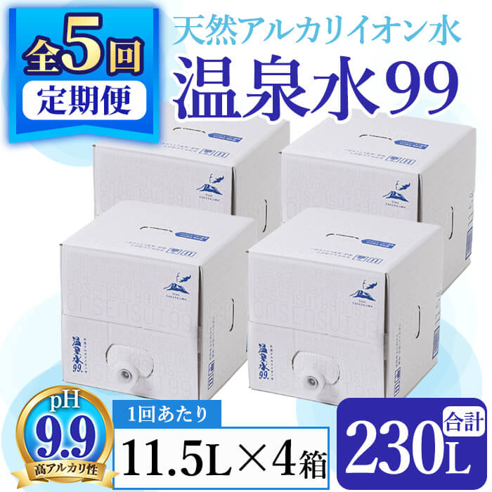 【ふるさと納税】【定期便・全5回】飲む温泉水 温泉水99(計230L・11.5L×4箱×5回)水 ミネラルウォーター 温泉水 飲む温泉水 シリカ 飲料 BIB バックインボックス 定期便 頒布会 国産 鹿児島産 垂水市 温泉水99【エスオーシー】J13-0811