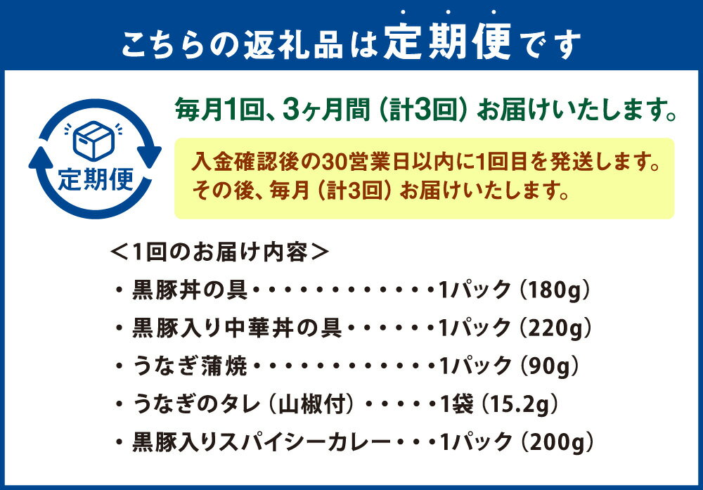 【ふるさと納税】定期便 毎月 3ヶ月 鹿児島県産黒豚・うなぎ 簡単調理 丼物 セット 4種 合計12個 レンジ対応 黒豚丼 中華丼 スパイシーカレー 黒豚 うなぎ蒲焼 うなぎ 時短 惣菜 おかず 食事 冷凍 鹿児島県 薩摩川内市 送料無料