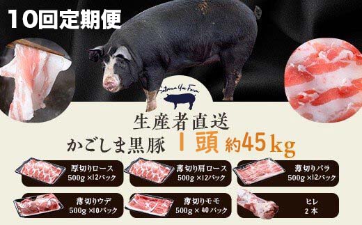 かごしま黒豚1頭まるごと 約45kg【10回定期便】 生産者直送 鹿児島黒豚 鹿児島県産黒豚 鹿児島産黒豚 六白黒豚 バークシャー 黒豚農場 自社牧場 薩摩八重ファーム みかく亭 まるまる一頭 ロース バラ ウデ モモ ヒレ しゃぶしゃぶ とんかつ 焼き肉 すき焼き