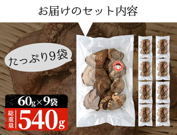 【ふるさと納税】鹿児島県東市来で育てられた！大容量の乾燥椎茸 540g(60g×9袋)【こけけ特産品販売所】