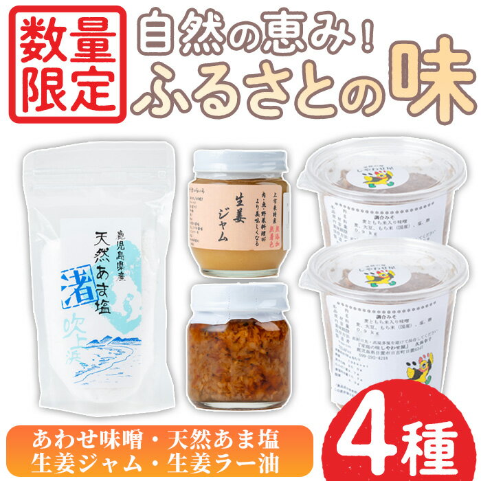 [数量限定]ふるさとの味セット!あわせ味噌(900g×2個)・天然あま塩(250g)・生姜ジャム(190g)・生姜ラー油(45g) 味噌 みそ 無添加 麹 こうじ 味噌汁 調味料 ショウガ しょうが ジンジャー 料理 調味料 お酒 お菓子 無添加 無着色[日置市観光協会]