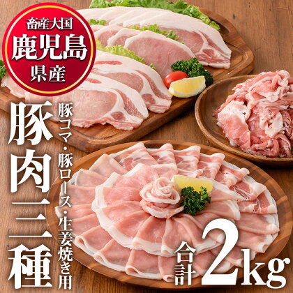 鹿児島県産豚肉(3種・合計2kg)国産 九州産 豚肉 豚コマ 豚ロースしゃぶ 生姜焼き 冷凍 小分け 食べ比べ セット【カミチク】