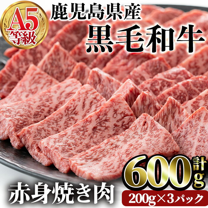 鹿児島県産黒毛和牛(A5等級)赤身焼肉セット 合計600g(200g×3パック) 牛肉 国産 モモ肉 ウデ肉 赤身 焼肉 小分け A5 冷凍 黒毛和牛 肉【LRプラスK】