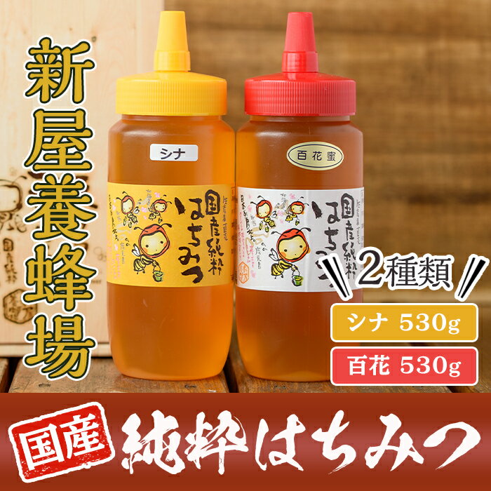 【ふるさと納税】国産純粋はちみつ2種詰め合わせセット！シナ蜂蜜・百花蜂蜜の2種類のハチミツ！各530g(計1kg超)【新屋養蜂場】