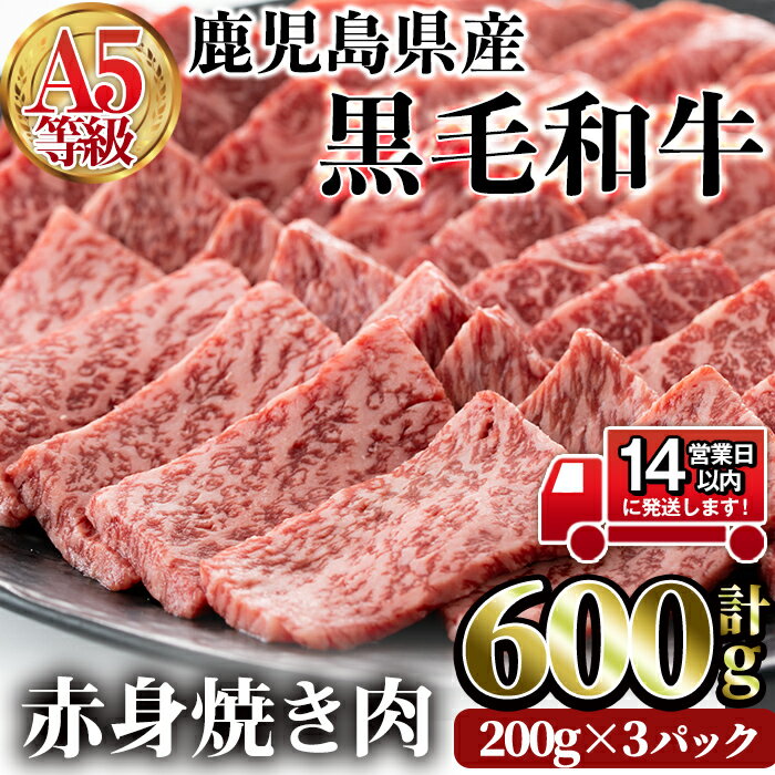 鹿児島県産黒毛和牛(A5等級)赤身焼肉セット 合計600g(200g×3パック) 牛肉 国産 モモ肉 ウデ肉 赤身 焼肉 小分け A5 冷凍 黒毛和牛 肉【カミチク】