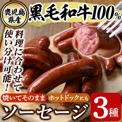 鹿児島県産黒毛和牛100％使用！ソーセージ3種セット！肉 牛肉 牛 黒毛和牛 加工品 ウインナー ウィンナー ホットドッグ BBQ バーベキュー おつまみ お弁当【窪田畜産】