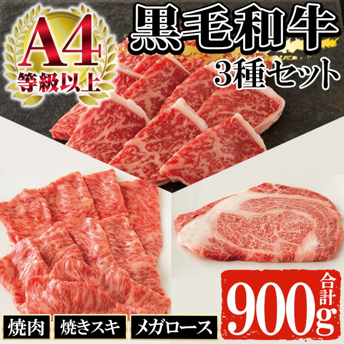【ふるさと納税】鹿児島黒毛和牛の3種(焼肉・焼きスキ・メガロース、合計900g・自家製わりした付)セットA！ A4等級以上 牛肉 肉 国産 牛 ステーキ すき焼き 焼き肉 九州 黒毛和牛 和牛 牛丼 ロース 焼きすき【バクロ】のサムネイル