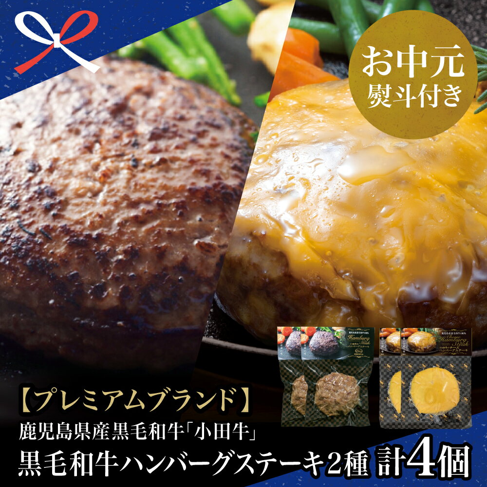 [お中元ギフト]鹿児島県産黒毛和牛「小田牛」 牛肉100% 2種類のハンバーグステーキ 計4個(120g×各2個)チーズハンバーグ 牛肉 総菜 おかず レトルト 黒毛和牛 小田畜産 冷凍 南さつま市 贈り物 夏ギフト 贈答用 送料無料 のし対応 お中元熨斗付き