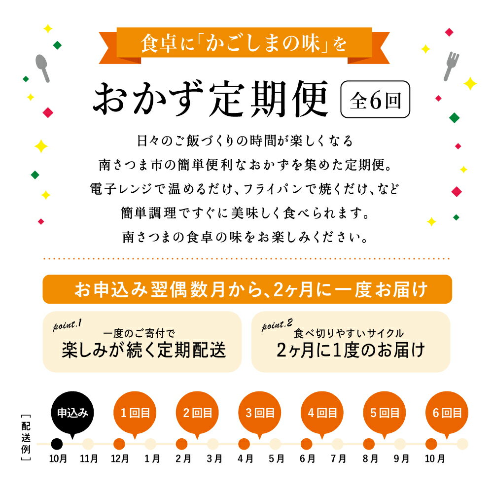 【ふるさと納税】おかず定期便（全6回）偶数月 ◆2ヶ月に一度お届け◆ 惣菜 セット ハンバーグ ローストビーフ 焼き魚 煮魚 ビビンバ 鹿児島県産 黒毛和牛 黒豚 おかず コース 定期配送 電子レンジ調理 時短 簡単調理 ストックおかず 南さつま市 送料無料