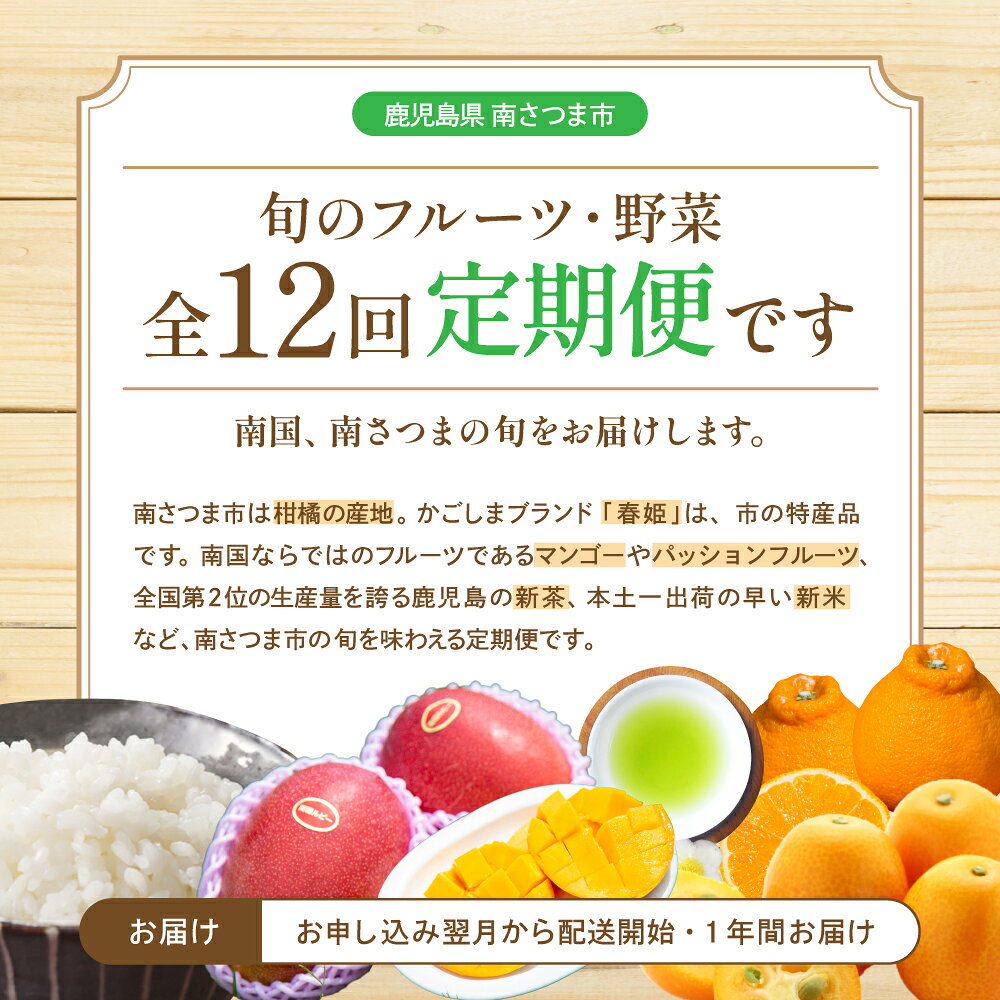 【ふるさと納税】［定期便 全12回］旬のフルーツ・野菜定期便 旬が届くお楽しみ！鹿児島県産 果物 くだもの 柑橘/不知火/みかん/金柑/たんかん/お茶/新茶/米/コシヒカリ/ぶどう/シャインマスカット/紅はるか/完熟マンゴー/アールスメロン/特産品 定期お届け 1年間 南さつま市