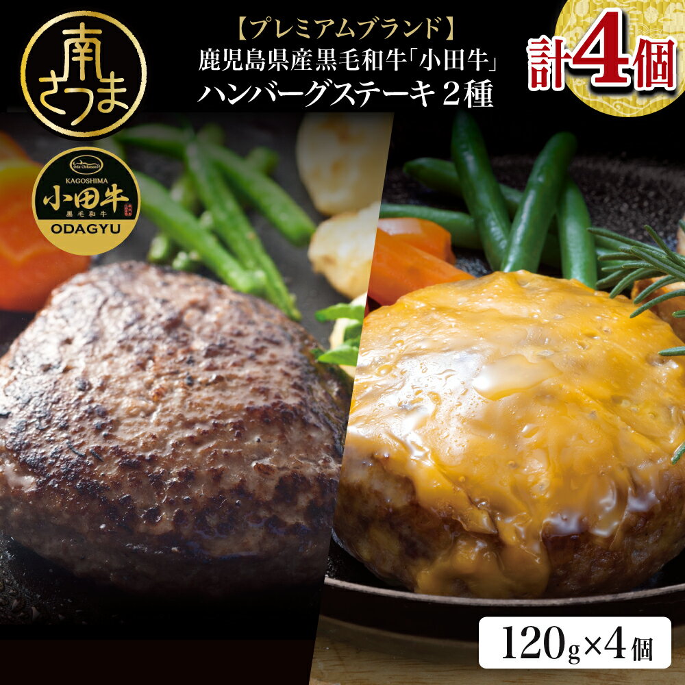 [プレミアムブランド]鹿児島県産黒毛和牛「小田牛」 牛肉100% 2種類のハンバーグステーキ 計4個(120g×各2個)チーズハンバーグ 牛肉 総菜 おかず レトルト 黒毛和牛 和牛日本一 小田畜産 冷凍 ギフト 贈答 南さつま市 送料無料