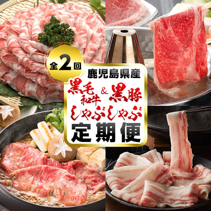 肉セット 【ふるさと納税】【定期便・全2回】A5等級の鹿児島県産黒毛和牛と黒豚のしゃぶしゃぶ定期便！総量1.3kg超！牛肉は部位おまかせ、豚肉はロース・バラをお届け！自慢の国産牛・国産豚をしゃぶしゃぶ、お鍋で楽しんで♪【サンキョーミート・カミチク】t0033-003