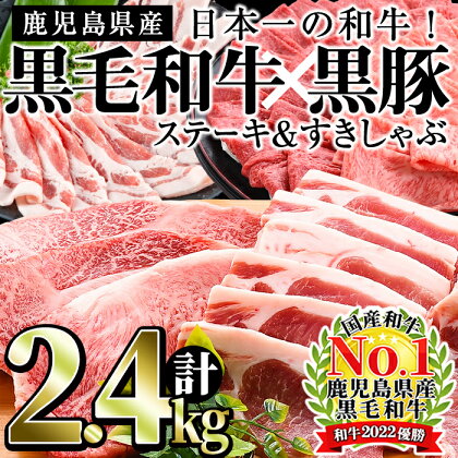 日本一の和牛！鹿児島県産黒毛和牛と鹿児島黒豚＜計2.4kg＞国産牛肉と豚肉のロースステーキ、黒毛和牛ロースと黒豚のしゃぶしゃぶ・すき焼きを堪能！【ナンチク】f0-035