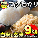 【ふるさと納税】【数量限定】白米＆玄米 鹿児島県産コシヒカリ 計9kg(各4.5kg×2袋)米の匠 川崎さん自慢のお米！【川崎農産】a3-057-R5