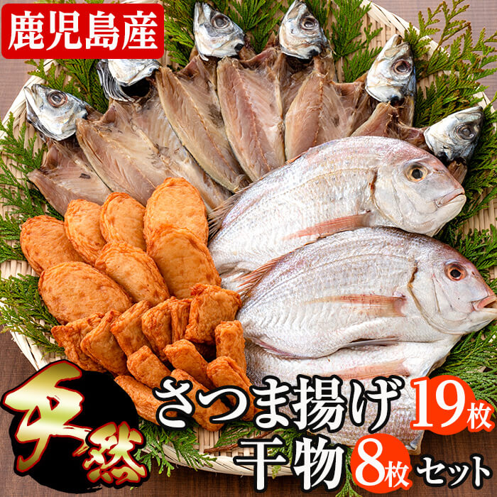 鹿児島県志布志湾から直送!さつま揚げ(平天×7枚・棒天×6本・ごぼう天×6枚・計19枚)と天然真鯛とアジの干物(計8枚)セット!おせち料理にも![北崎水産]a7-005