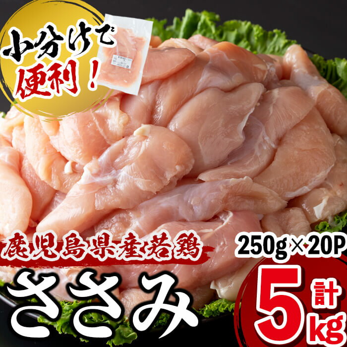 【ふるさと納税】小分けで便利！鹿児島県産若鶏ささみ 計5kg(250g×20P)鹿児島県産若鶏のササミを計5kgお届け！旨味と鮮度を保つ真空パックと便利な小分けで保存・解凍もしやすい♪低カロリーなのでダイエットや健康志向の方にもオススメ【羽根】a5-258