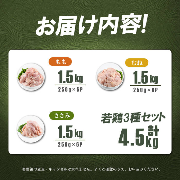 【ふるさと納税】小分けで便利！鹿児島県産若鶏3種＜もも・ムネ・ささみ＞セット 計4.5kg！ 鶏肉 とり肉 鳥肉 鶏もも肉 鶏ムネ肉 鶏ささみ 若鶏 小分け 真空 真空パック 保存 カット カット済 唐揚げ 煮物 鍋 おかず お弁当 セット 詰め合わせ【羽根】a5-377 f462217-shibushi-10002379 鹿児島県志布志市 サンプル画像3