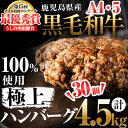 【ふるさと納税】鹿児島県産 黒毛和牛100%使用極上ハンバーグ(計4.5kg/150g×30個) 黒毛和牛 和牛 ハンバーグ 冷凍ハンバーグ 肉 牛肉 国産 九州産 鹿児島県産 ミンチ 100% 小分け A4 A5 日本一 ランキング 人気【nixy CHUZAN】c0-070