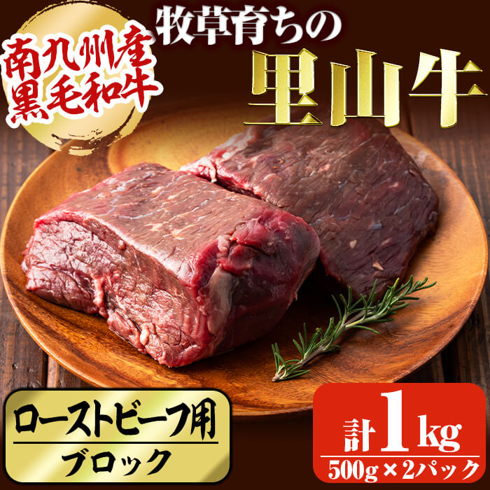 【ふるさと納税】南九州産牧草育ちの里山牛 ローストビーフ用ブロック肉計1kg(500g×2パック)南九州産黒毛和牛のお母さん牛を放牧！赤身の旨みがぎっしり詰まったモモ部位の塊肉！黒毛和牛なのにあっさり！ 牧草牛【さかうえ】c5-013