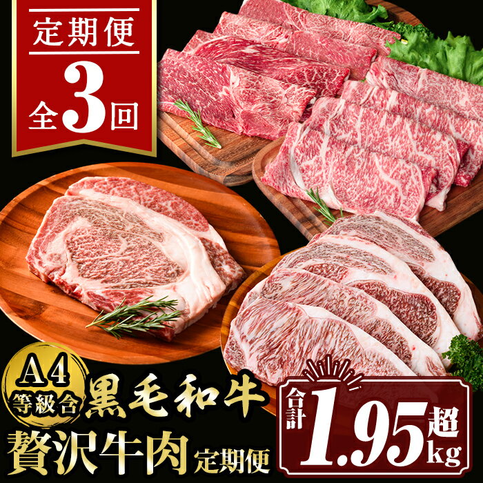 [定期便3回]贅沢牛肉定期便(合計1.95kg超) 肉 牛肉 霜降り すきやき しゃぶしゃぶ 牛しゃぶ 冷凍 ロース カタロース 肩ロー ス食べ比べ サーロイン リブロース ステーキ アウトドア BBQ[サンキョーミート株式会社]