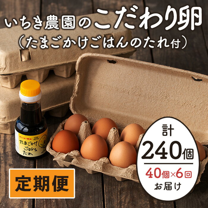 製品仕様 商品名 【定期便】いちき農園のこだわり卵(計240個・40個×6カ月) 内容量 鶏卵10個入り4パック上記6回※1回の配送につき、割れ保証分5個※卵かけごはんのたれ 150ml×1本（初回のみお届け） 賞味期限 産卵から14日間（...