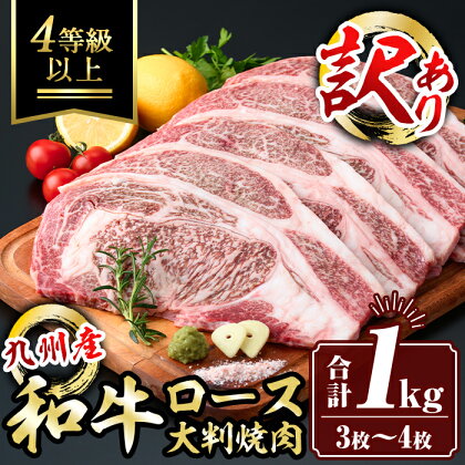 ＜訳あり＞九州産和牛ロース大判焼肉(合計1kg・3枚～4枚) 4等級以上 国産 真空包装 真空パック リブロース ステーキ 牛 うし 牛肉 アウトドア BBQ 冷凍【サンキョーミート株式会社】