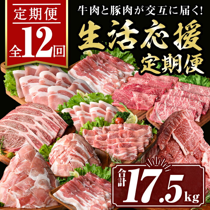 [定期便12回]豚・牛が交互に届く生活応援定期便(合計17.5kg) 肉 豚肉 牛肉 霜降り すきやき しゃぶしゃぶ スライス 生姜焼き 豚バラ 切り落とし 焼肉 冷凍 ロース カタロース 肩ロース BBQ アウトドア コンシェルジュ[サンキョーミート株式会社]