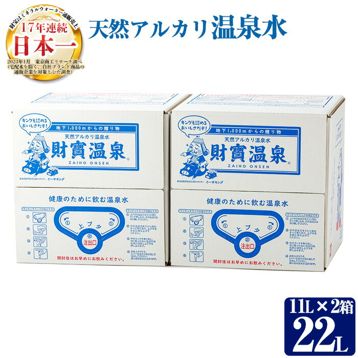 【ふるさと納税】天然アルカリ温泉水(計22L・11L×2箱)！（イーサキングコラボレーション段ボールパッケージ）財寶温泉 温泉水 水 アルカリ 防災 食品【財宝】のサムネイル