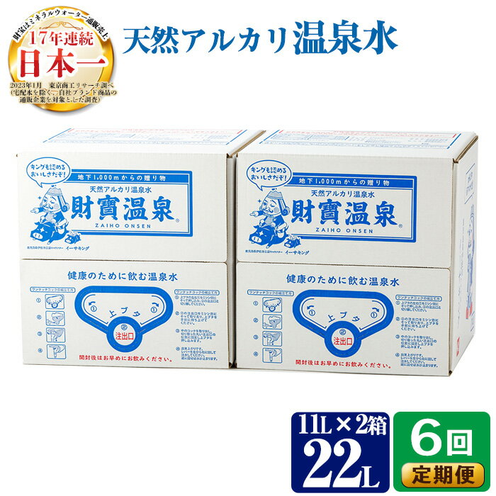 【ふるさと納税】【定期便6回】天然アルカリ温泉水(11L×2箱)！（イーサキングコラボレーション段ボールパッケージ） 財寶温泉 温泉水 水 アルカリ 防災 食品【財宝】のサムネイル