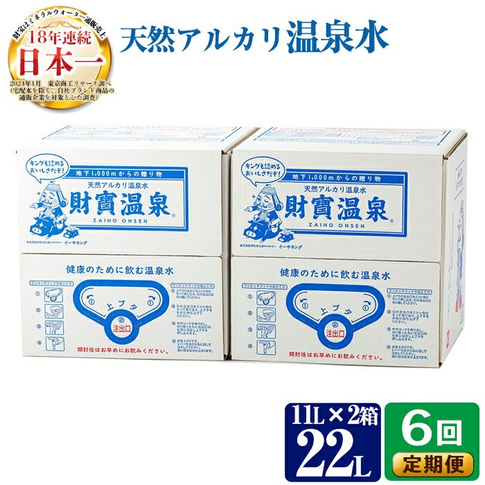 【ふるさと納税】【定期便6回】天然アルカリ温泉水(11L×2箱)！（イーサキングコラボレーション段ボールパッケージ） 財寶温泉 温泉水 水 アルカリ 防災 食品【財宝】