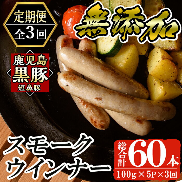 《定期便全3回》鹿児島黒豚「短鼻豚」無添加スモークウインナー計60本(20本×3回)国産 鹿児島黒豚 豚肉 無添加 ウィンナー ソーセージ ウインナーソーセージ【鹿児島ますや】