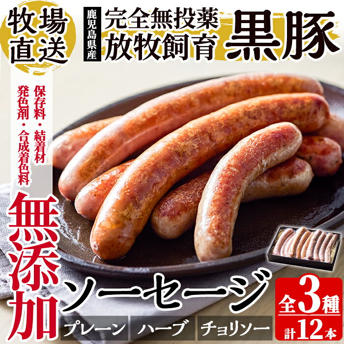 [保存料・発色剤・結着材・合成着色料 無添加]月ノ灯牧場直送!鹿児島県産黒豚ソーセージ3種盛り合わせ計12本(ソーセージ4本・ハーブソーセージ4本・チョリソー4本) 国産 豚肉 黒豚 ソーセージ セット 鹿児島[pig village company]