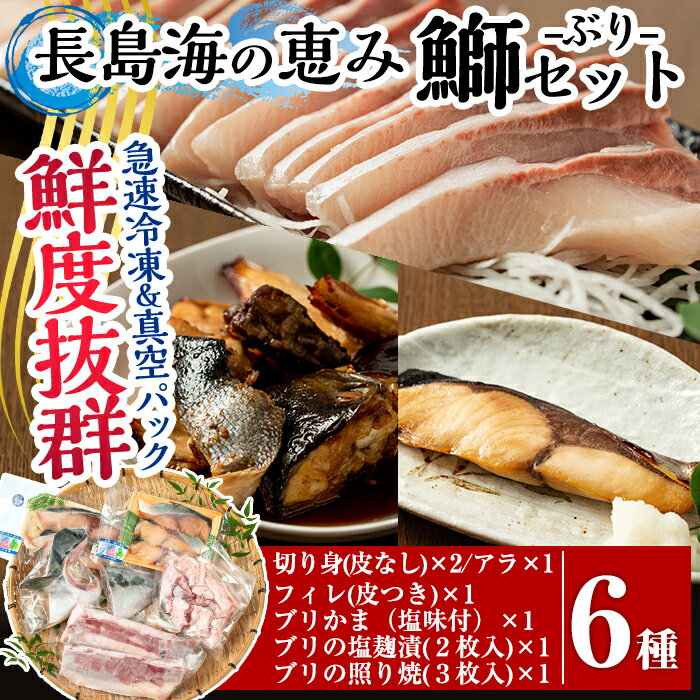 長島海の恵み 鰤セット(6種)国産 鹿児島県産 ブリ ぶり 鰤 急速冷凍 切身 切り身 フィレ アラ 鰤カマ ブリカマ 塩麹 照り焼 海鮮 海産物 魚介 魚 刺身 ぶりしゃぶ しゃぶしゃぶ 海鮮丼 真空パック 加工品【山崎海産】yama-6020