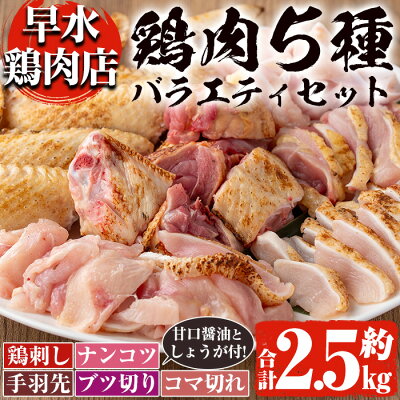 楽天ふるさと納税　【ふるさと納税】＜2024年5月発送分(5月31日迄に発送)＞鹿児島県産！自家製鶏の5種バラエティセット(約2.5kg) 国産 九州産 鳥刺し 鶏刺し 鶏肉 手羽先 細切れ ナンコツ とり お肉 刺身 おつまみ タレ しょうが 甘口醤油【早水鶏肉店】