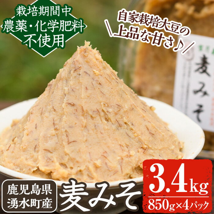 [添加物不使用]麦みそ3.4kg(850g×4パック) 国産 九州産 味噌 麦味噌 自家栽培 玄米麹 麹 こうじ みそ汁[雲月農園]