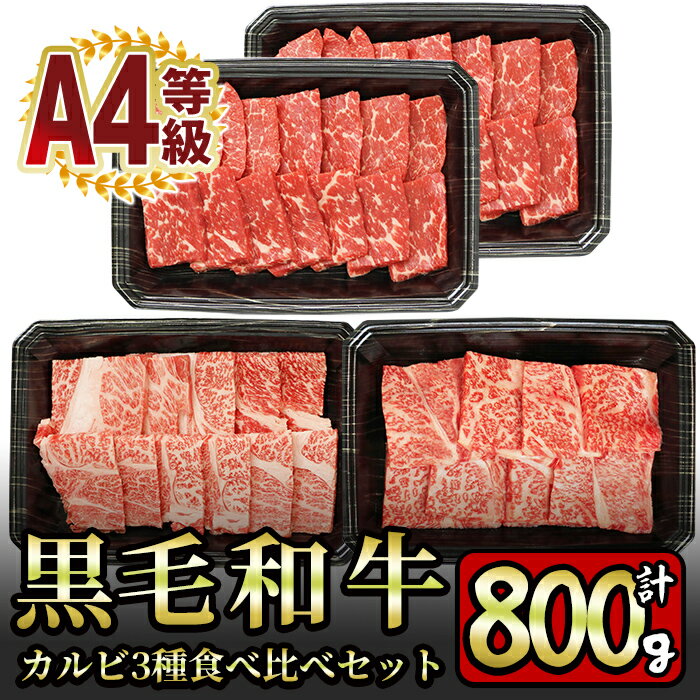 【ふるさと納税】鹿児島産黒毛和牛A4等級カルビ3種食べ比べ！ロース・肩ロース・モモ合計800gを焼肉で食べ比べ【財宝】