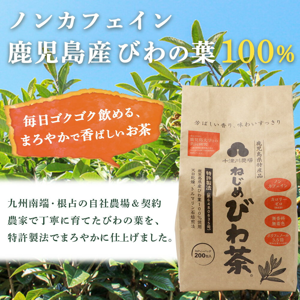 【ふるさと納税】鹿児島県産 ねじめびわ茶 ティーバック　選べる！（200包｜400包）ノンカフェイン | 国産 お茶 健康茶 カロリーゼロ ポリフェノール 無香料 無着色 トルマリン石焙煎 さわやか 甘み 香ばしい おいしい びわの葉 産地直送 鹿児島県 南大隅町 十津川農場