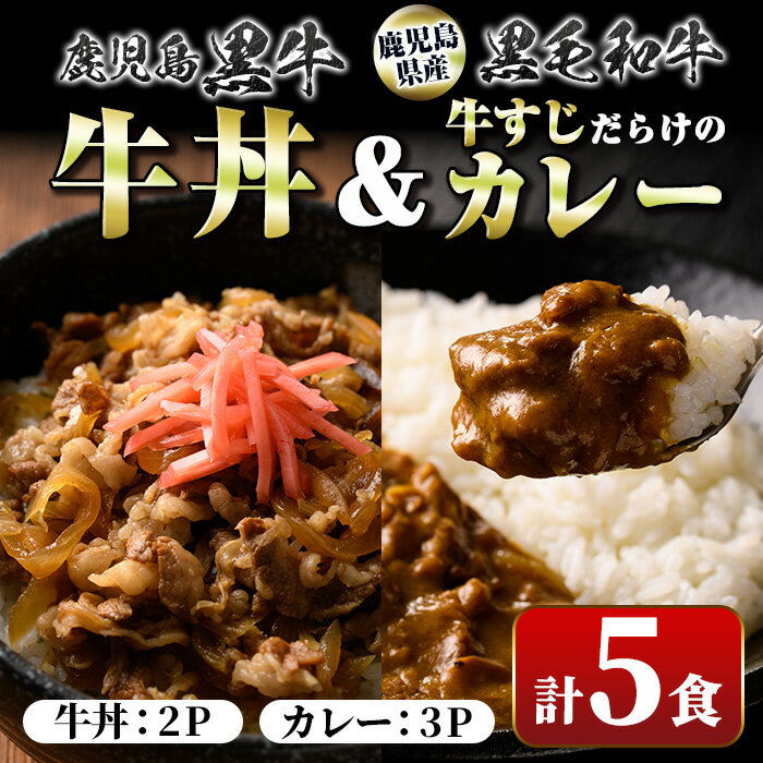 【ふるさと納税】鹿児島黒牛牛丼＆牛すじだらけのカレーセット 130g 5パック・牛丼2P カレー3P 鹿児島 国産 牛肉 黒毛和牛 黒牛 牛すじ レトルトカレー ご当地カレー 牛丼 丼 電子レンジ調理 …