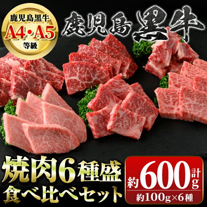 鹿児島黒牛 食べ比べ焼肉6種盛(計約600g・各100g×6種) 牛肉専門店自慢のお肉 鹿児島 国産 九州産 牛肉 黒牛 鹿児島黒牛 A4 A5 等級 サーロイン 三角バラ 中落ち カイノミ クリミ ササミ 焼肉 やきにく バラエティ セット ギフト 贈答【新村畜産】