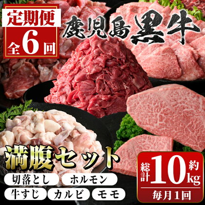 ＜定期便・全6回＞鹿児島黒牛 満足定期便・満腹セット(全5種・合計10kg) 鹿児島黒牛 モモ 赤身 ホルモン 霜ぶり 霜降り ステーキ 牛すじ 切り落とし 切落し 焼肉 食べ比べ 日本一 鹿児島 国産 九州産 牛肉 ビーフ 定期便【新村畜産】