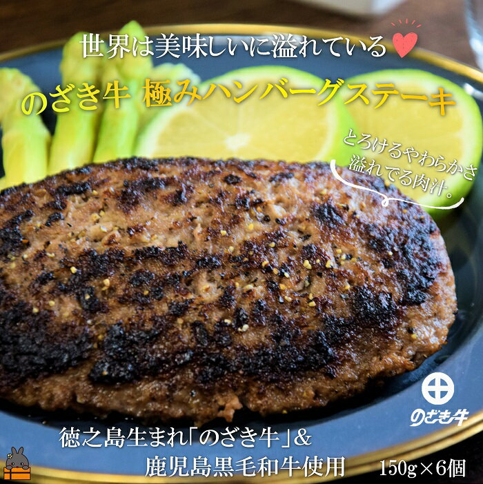 〜世界は美味しいに溢れている〜徳之島生まれ「のざき牛」&鹿児島黒毛和牛 極みハンバーグステーキギフト(150g×6個)( のざき牛 鹿児島黒毛和牛 日本一 肉汁 牛肉 冷凍 プレミアム 満足 人気 老舗肉店 徳之島 鹿児島 )