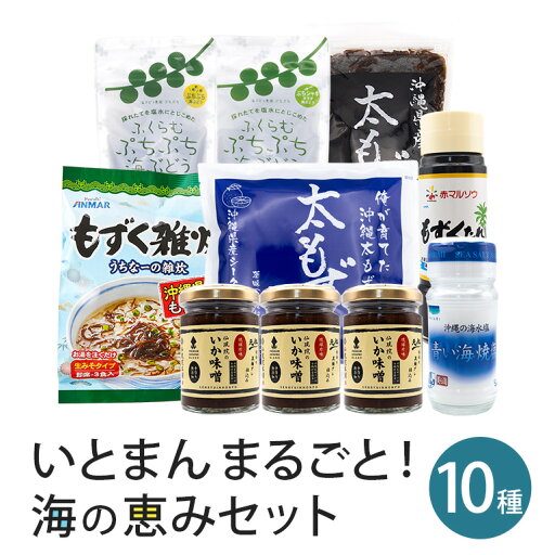 【ふるさと納税】いとまんまるごと海の恵み10品詰合せ 海ぶどう 海ブドウ 太もずく もずくスープ 雑炊 青い海 焼塩 いか味噌 おつまみ おかず 調味料 ご飯 沖縄 【ふるさと納税】いとまんまるごと海の恵み10品詰合せ 海ぶどう 海ブドウ 太もずく もずくスープ 雑炊 青い海 焼塩 いか味噌 おつまみ おかず 調味料 ご飯 沖縄