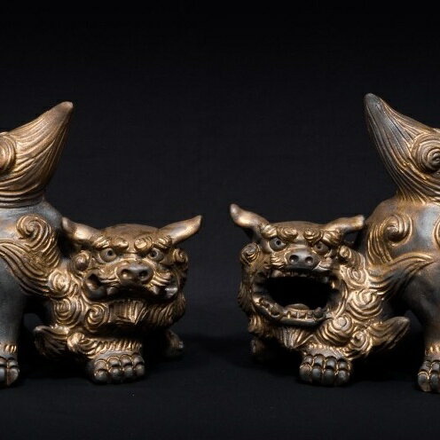 [datta.沖縄南の島陶芸工房]金シーサー(威嚇・中サイズペア)