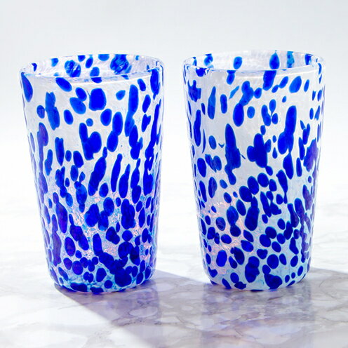 [琉球ガラス]源河源吉 海の雫 青(ビア2個セット)