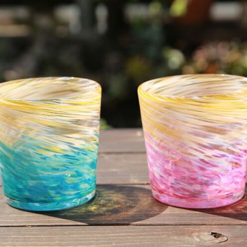 [ガラス工房雫]深海ロックグラス ラグーン・ピンク2個セット