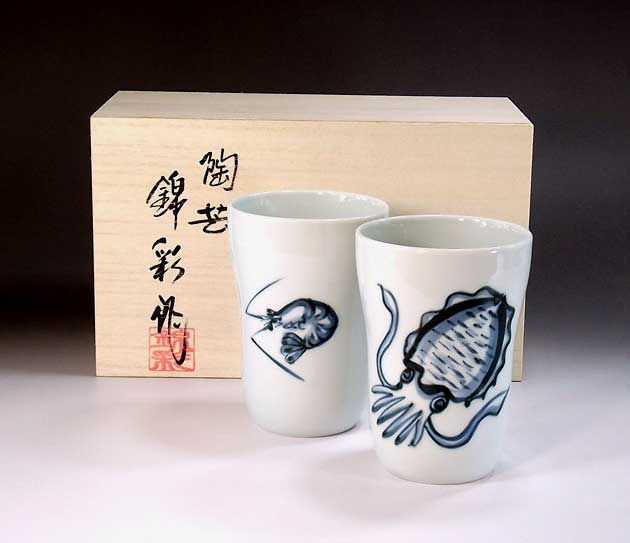 陶器焼酎グラス・ロックグラス有田焼 染付烏賊海老絵焼酎カップ・ペア 陶芸作家 藤井錦彩 作