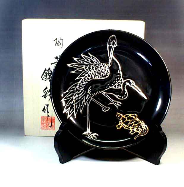有田焼美術品天目プラチナ彩鶴亀絵飾り皿陶芸作家 藤井錦彩 作(径19cm)