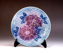 有田焼美術品染錦金彩釉裏紅墨はじき青海波牡丹絵飾り皿陶芸作家 藤井錦彩 作(径19cm)