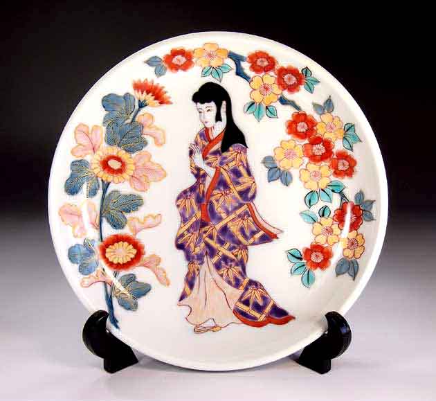 有田焼美術品古伊万里様式金彩元禄美人画飾り皿陶芸作家 藤井錦彩 作(径19.8cm)