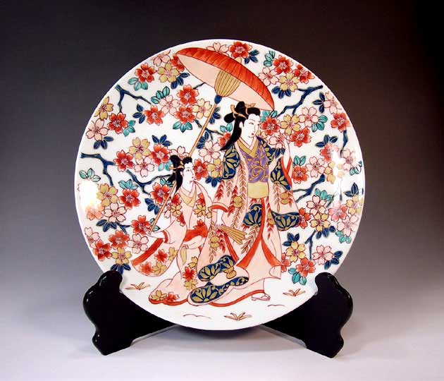 有田焼美術品倣・古伊万里染錦金彩元禄美人絵飾り大皿陶芸作家 藤井錦彩 作(径31cm)
